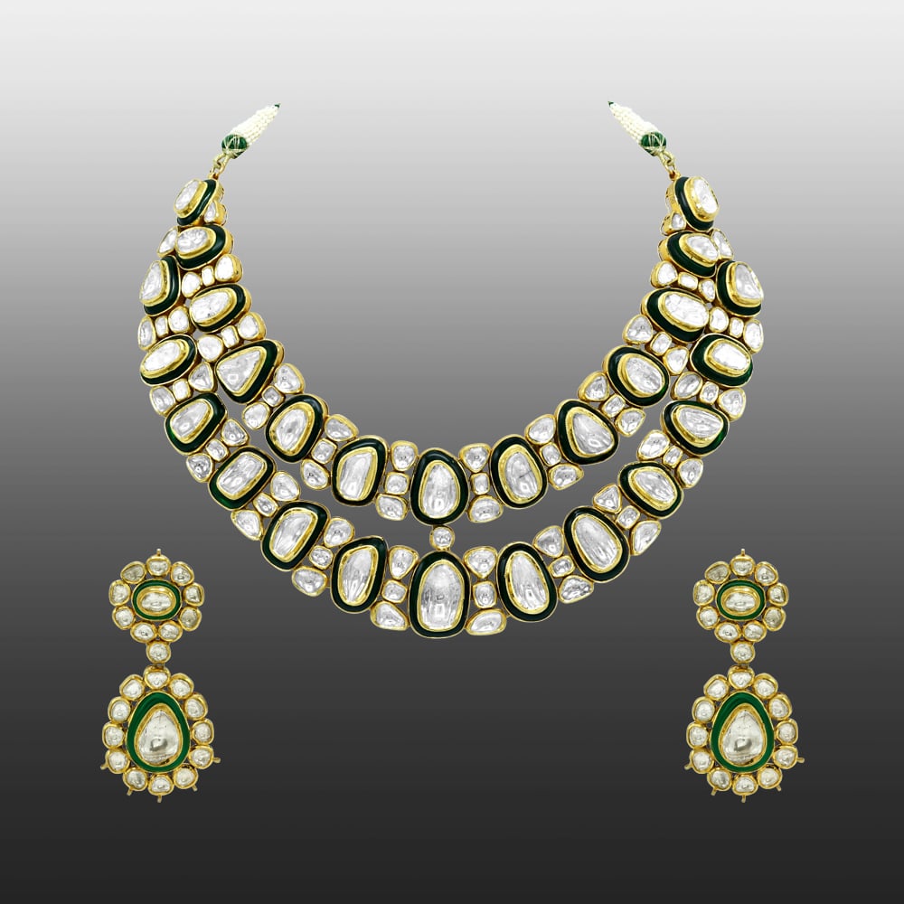 Polki Necklace Set with Green Enamel and Layered Design